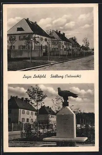 AK Lager Lechfeld, Strassenpartie in der Siedlung, Denkmal mit Adler