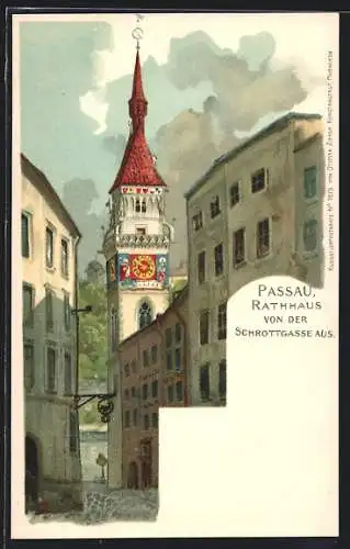 Lithographie Passau, Rathaus von der Schrottgasse gesehen