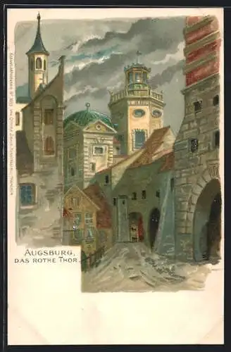 Künstler-AK Augsburg, Das rote Tor an bewölktem Tag