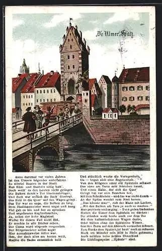 Künstler-AK Ulm a. Donau, Ulmer Spatz, Holztransport auf der Brücke