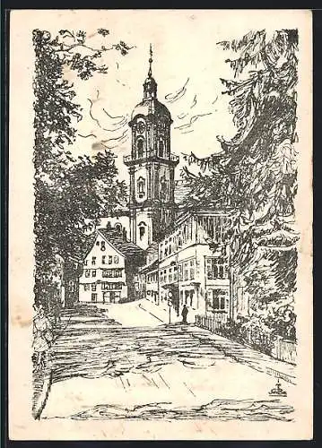 Künstler-AK Neckarsulm, Wegpartie mit Blick zum Turm