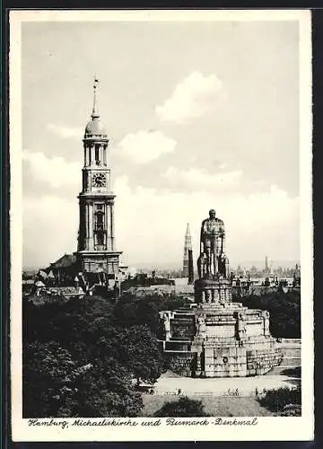 AK Hamburg, Michaeliskirche und Bismarck-Denkmal
