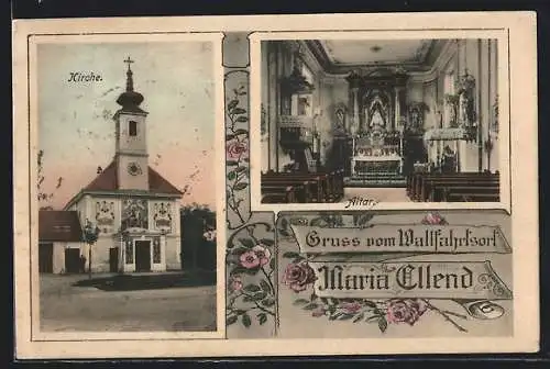 Passepartout-AK Maria Ellend, Kirche und Altar, Rosen