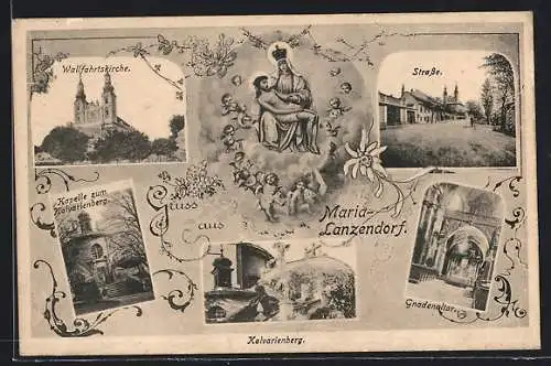 AK Maria-Lanzendorf, Kalvarienberg, Kirche, Strassenpartie, Pieta mit Engeln