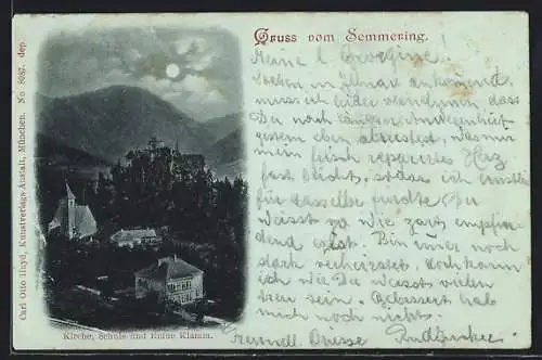 Mondschein-AK Semmering, Kirche, Schule und Ruine Klamm