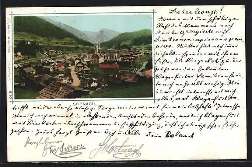 AK Steinach, Totalansicht mit Bergpanorama aus der Vogelschau