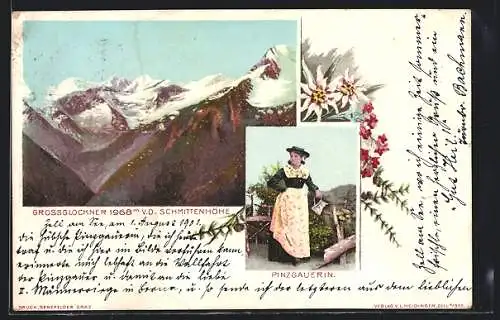 AK Grossglockner, Pinzgauerin in Tracht, Edelweiss um 1900