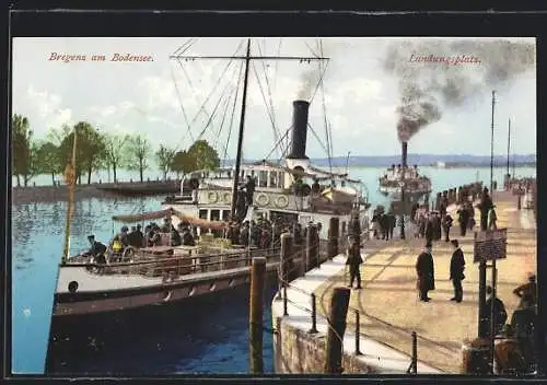 AK Bregenz, a. Bodensee, Leute auf dem Landungsplatz im Hafen