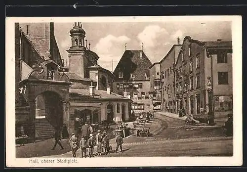 AK Hall /Tirol, Oberer Stadtplatz mit Kirche und Verkaufsständen