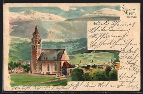 Lithographie Absam, Blick auf die Kirche