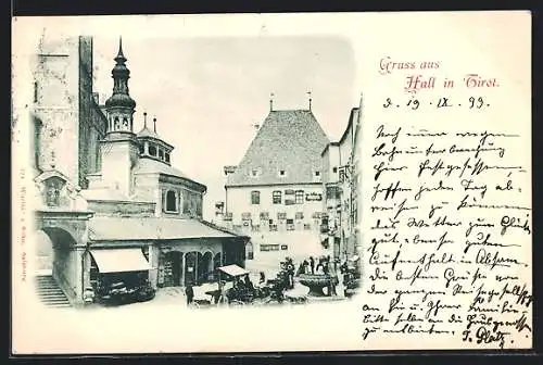 AK Hall in Tirol, Ortspartie mit Marktständen und Brunnen