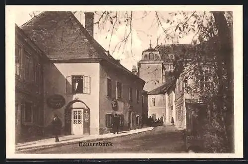 AK Baden bei Wien, Frauengasse mit Bauernbank, Frauenkirche und Grillparzerhaus