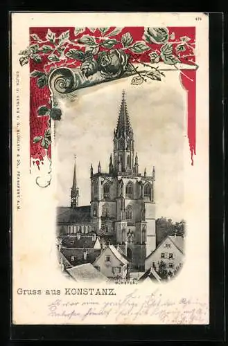 AK Konstanz, Münster im Stadtbild, Lithographiertes Passepartout mit Rosen