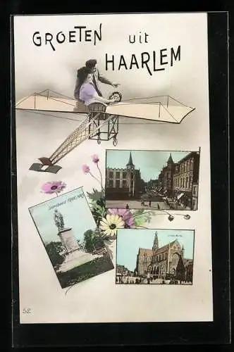 Grusskarten-AK Haarlem, Paar im Flugzeug, Stations-Hotel, Groote Markt, Standbeeld Frans Hals