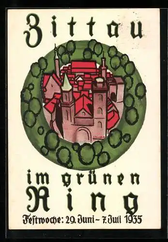 Künstler-AK Zittau, Festwoche Zittau im grünen Ring 1935, Ganzsache 3 Pfennig