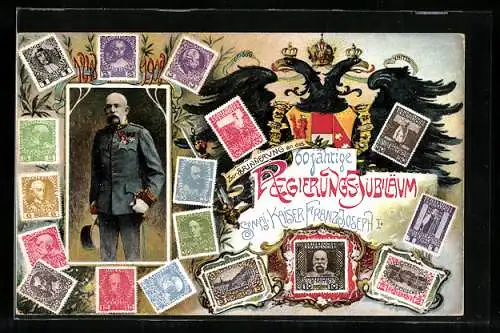 AK Kaiser Franz Josef I. von Österreich, 60-jähriges Regierungsjubiläum 1848-1908, Briefmarken