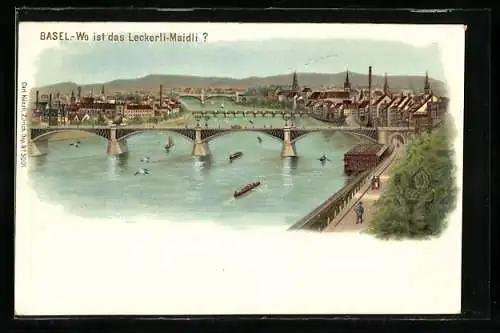 Lithographie Basel, Ortsansicht aus der Vogelschau, Wo ist das Leckerli-Maidli?optische Täuschung