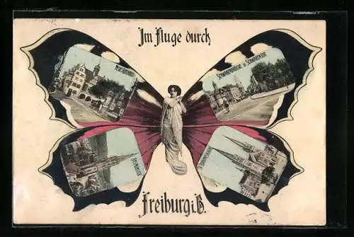 AK Freiburg i. B., Münster, Neues Rathaus, Schwabenbrücke und -tor, Bilder auf Flügeln einer Schmetterlingsdame