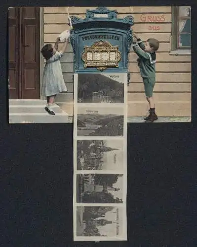 Leporello-AK Freiburg i. B., Ansichten im Briefkasten, Kaufhaus, Friedrichsbrücke, Stadttheater