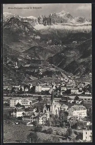 AK Gries-Bolzano, Ortsansicht gegen die Dolomiten