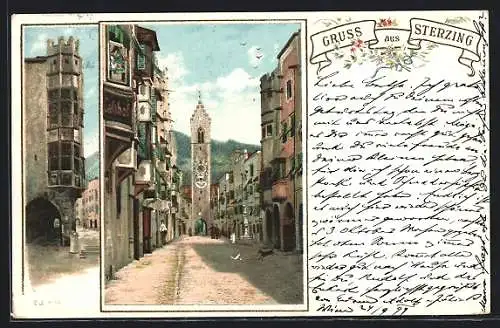 Lithographie Sterzing, Strassenpartie mit Torbogen