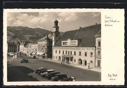 AK Leoben, platz mit Rathaus aus der Vogelschau