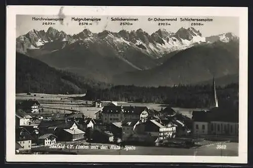 AK Seefeld /Tirol, Panorama mit den Kalkkögeln, Malgrubenspitze, Schlickerseespitze, Schlickerzinnen