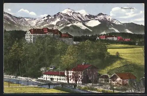 AK Traunstein, Ortsansicht vor Bergpanorama