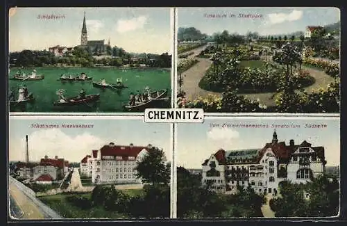 AK Chemnitz, Rosarium im Stadtpark, Von Zimmermannsches Sanatorium und Städtisches Krankenhaus