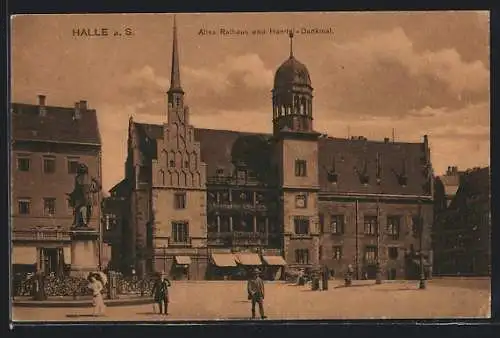 AK Halle / Saale, altes Rathaus und Händel-Denkmal