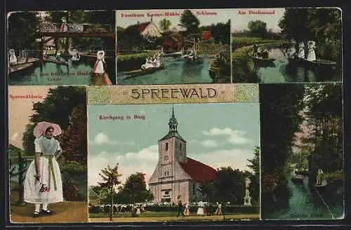 AK Burg /Spreewald, Kirchgang, Forsthaus Kanno-Mühle Schleuse, Spreewälderin