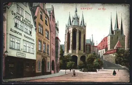 AK Erfurt, Grüne Apotheke und Gasthaus mit Blick zum Dom