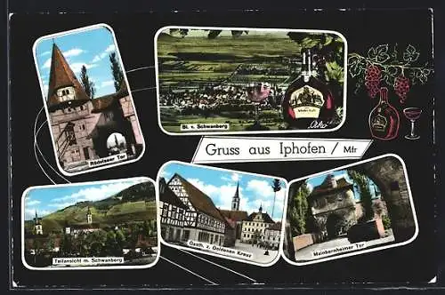 AK Iphofen /Mfr., Gasthaus z. Goldenen Kreuz, Mainbernheimer Tor, Rödelseer Tor, Blick v. Schwanberg