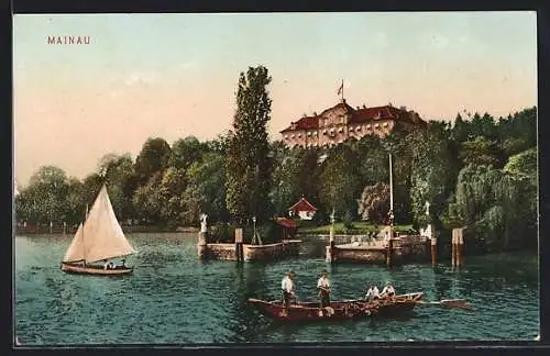 AK Mainau, Schiffsanleger und Blick zum Schloss