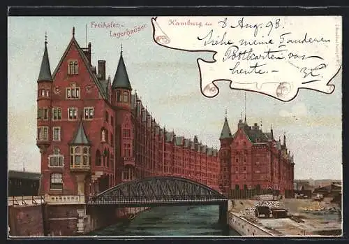 Lithographie Hamburg, Partie an den Freihafen-Lagerhäusern