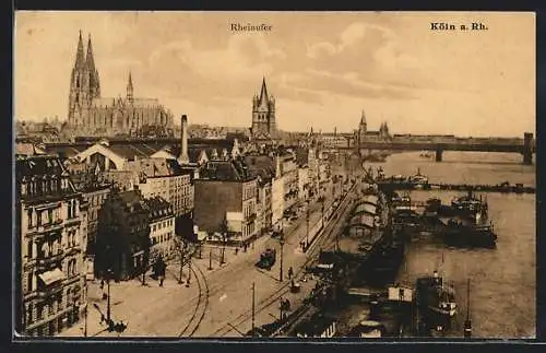 AK Köln, Strassenbahn am Rheinufer