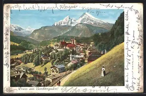 AK Berchtesgaden, Ortsansicht gegen Bergpanorama