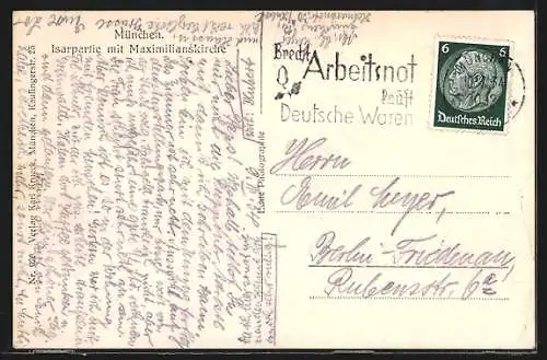 AK München, Isarpartie mit Maximiliankirche