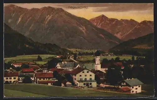 AK Fischbachau, Ortsansicht gegen Bergpanorama