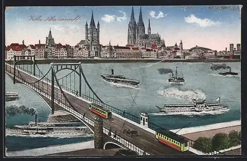 AK Köln, Strassenbahn auf Rheinbrücke, Dampfer