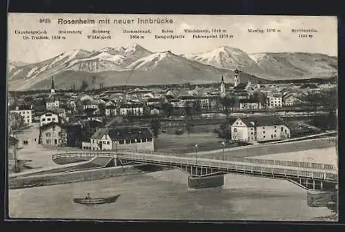 AK Rosenheim, Stadttotale mit der neuen Innbrücke und der Bergkette im Hintergrund