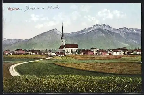 AK Eggstätt, Ortsansicht gegen Bergpanorama