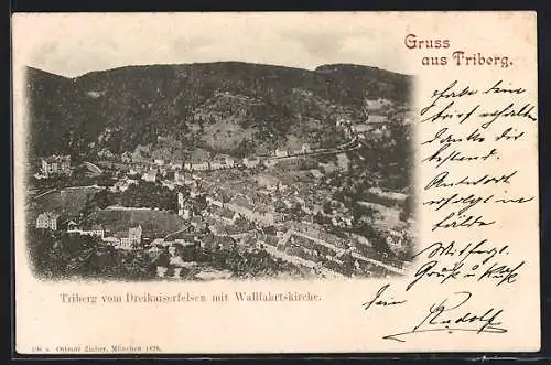 AK Triberg, Ortsansicht vom Dreikaiserfelsen mit Wallfahrtskirche