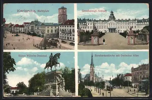 AK Karlsruhe, Marktplatz, Grossherzogl. Schloss, Bernharduskirche und Durlacher-Allee
