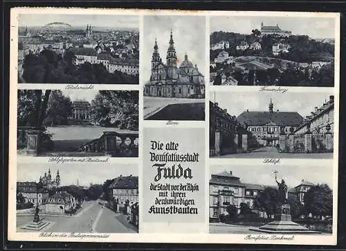 AK Fulda, Totalansicht, Dom, Schloss & Stadtsaal mit Flora-Vase