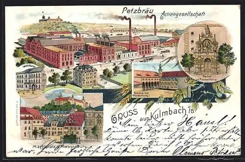 Lithographie Kulmbach, Brauerei Petzbräu Actiengesellschaft, Marktplatz & Plassenburg