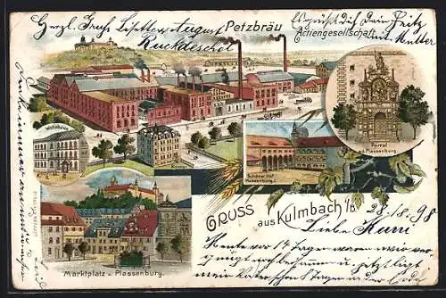 Lithographie Kulmbach i. B., Brauerei Petzbräu, Marktplatz, Plassenburg