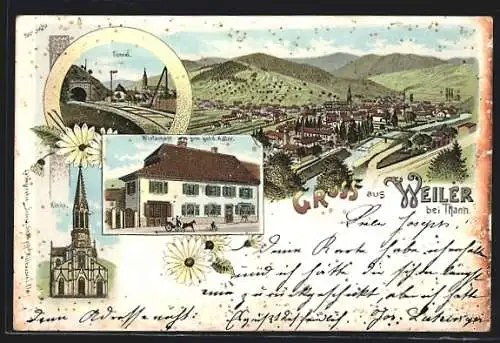 Lithographie Weiler b. Thann, Wirtschaft zum gold. Adler, Tunnel, Kirche, Ortsansicht