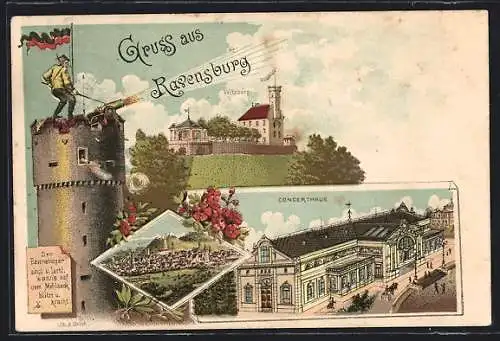 Lithographie Ravensburg, Concerthaus, Veitsburg