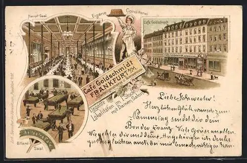 Lithographie Frankfurt a. M., Allerheiligenstrasse, Café Goldschmidt, Billard-Saal, Haupt-Saal
